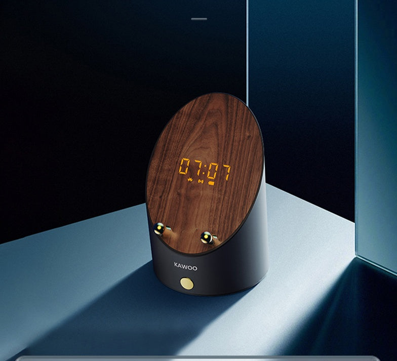 Altavoz de madera con inducción inteligente — Soporte para teléfono, portátil, mini altavoz de escritorio, reloj despertador inalámbrico y altavoz Bluetooth