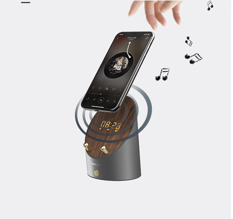 Altavoz de madera con inducción inteligente — Soporte para teléfono, portátil, mini altavoz de escritorio, reloj despertador inalámbrico y altavoz Bluetooth