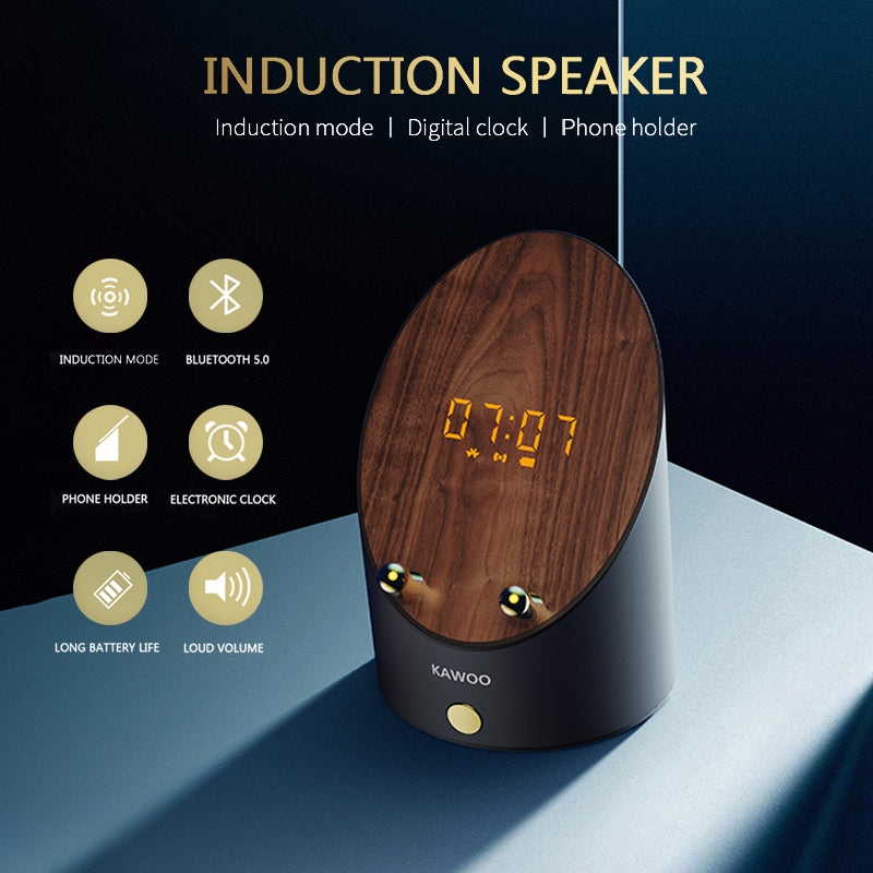 Altavoz de madera con inducción inteligente — Soporte para teléfono, portátil, mini altavoz de escritorio, reloj despertador inalámbrico y altavoz Bluetooth