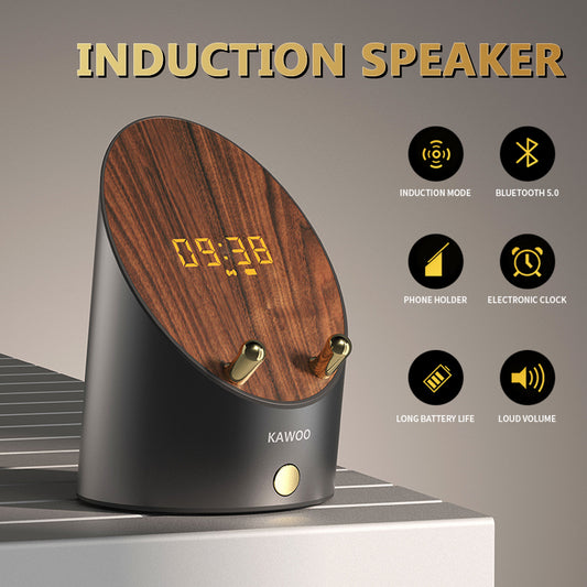 Altavoz de madera con inducción inteligente — Soporte para teléfono, portátil, mini altavoz de escritorio, reloj despertador inalámbrico y altavoz Bluetooth